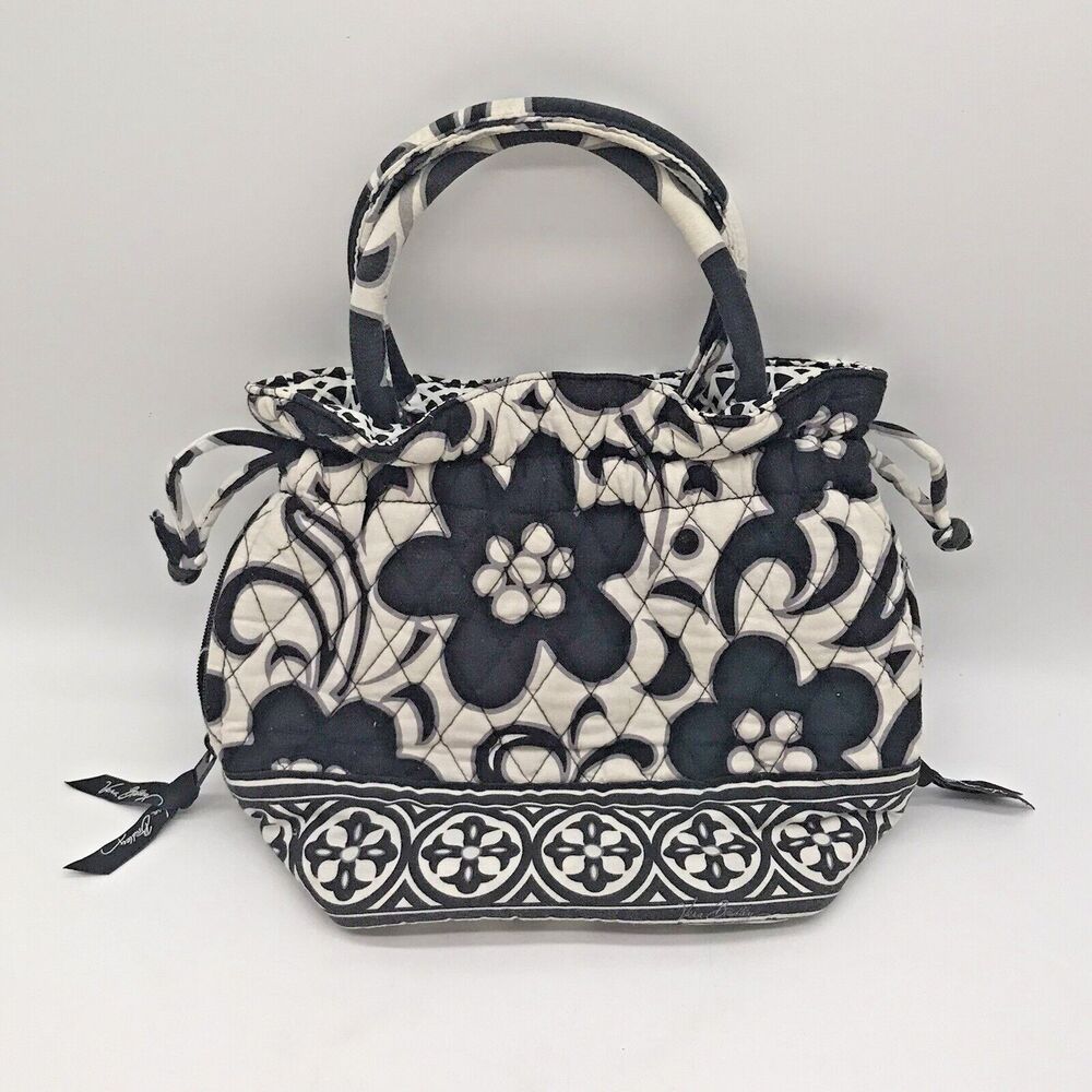 VERA BRADLEY Night & Day Draw String Satchel Black & White Double Handle Purse - Picture 3 of 10